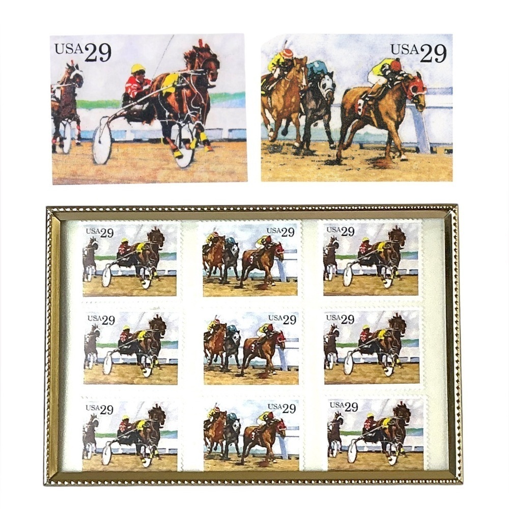 1993 Sporting Horses Harness Racing 29c Stamp Sheet of 9 in Gold Frame Stamp Art